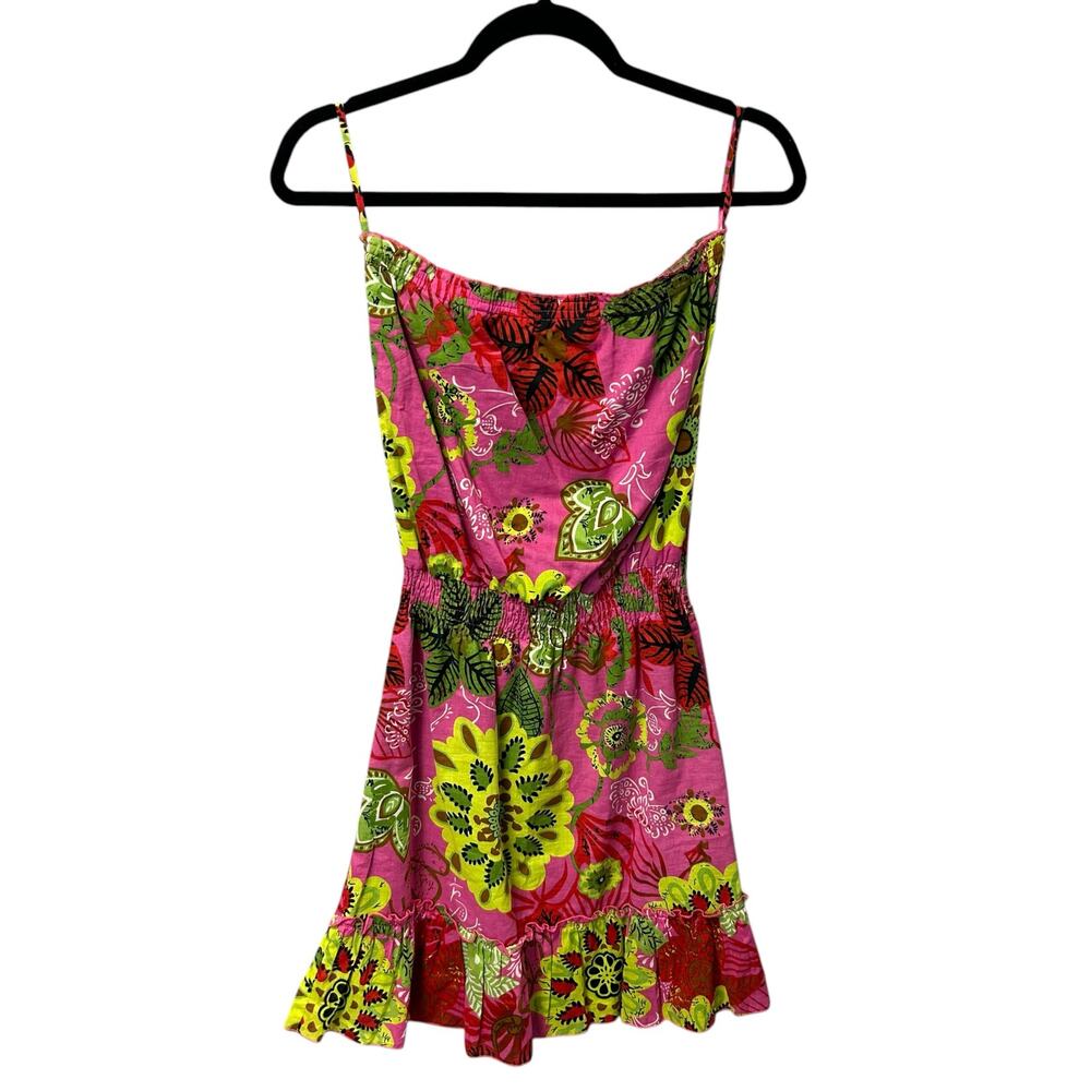 Joy Joy Pink Green Paisley Floral Print Cotton Strapless Dress Womens XS